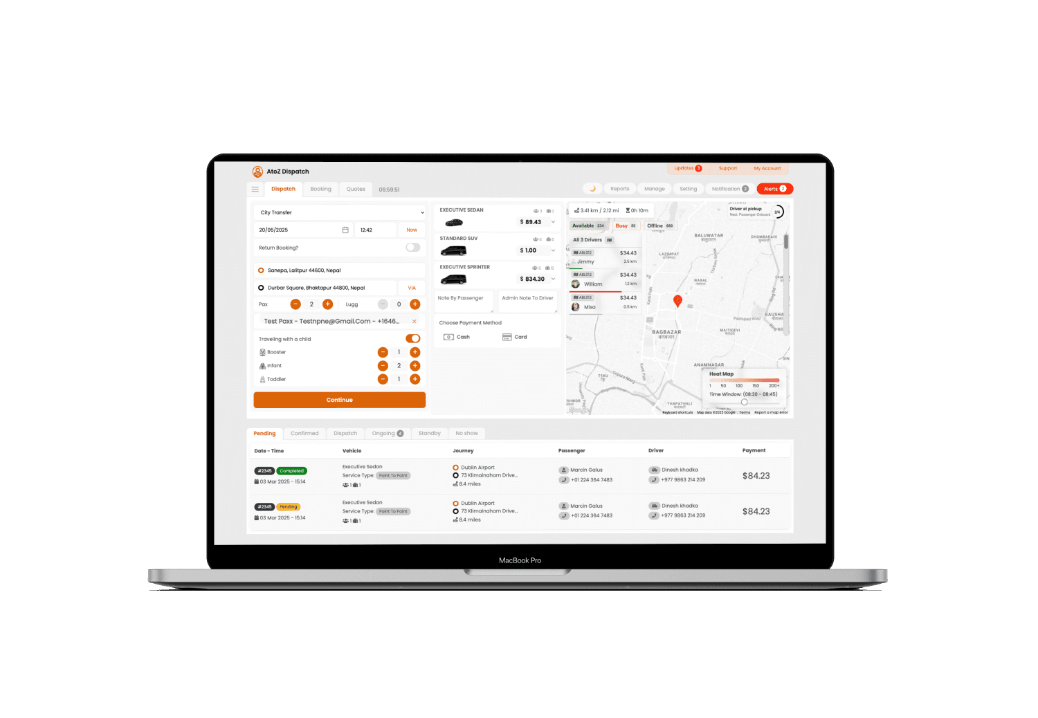 AtoZ Dispatch admin dashboard showing bookings and drivers